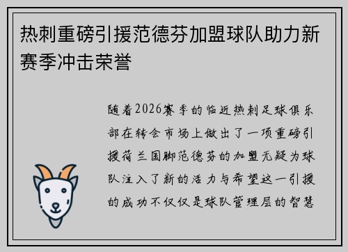 热刺重磅引援范德芬加盟球队助力新赛季冲击荣誉